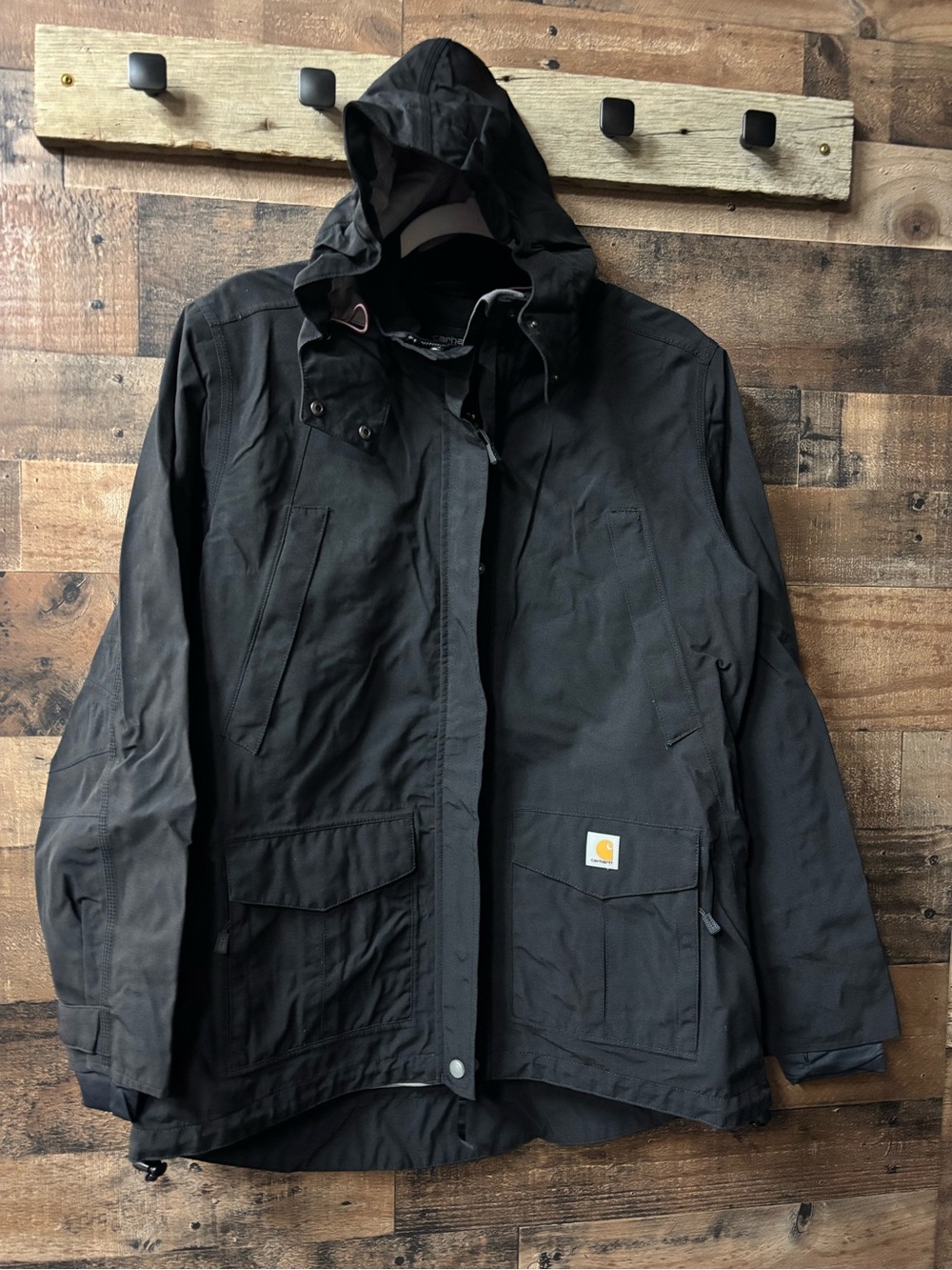 Carhartt Black Hooded Work Jacket with Front Patch Pockets